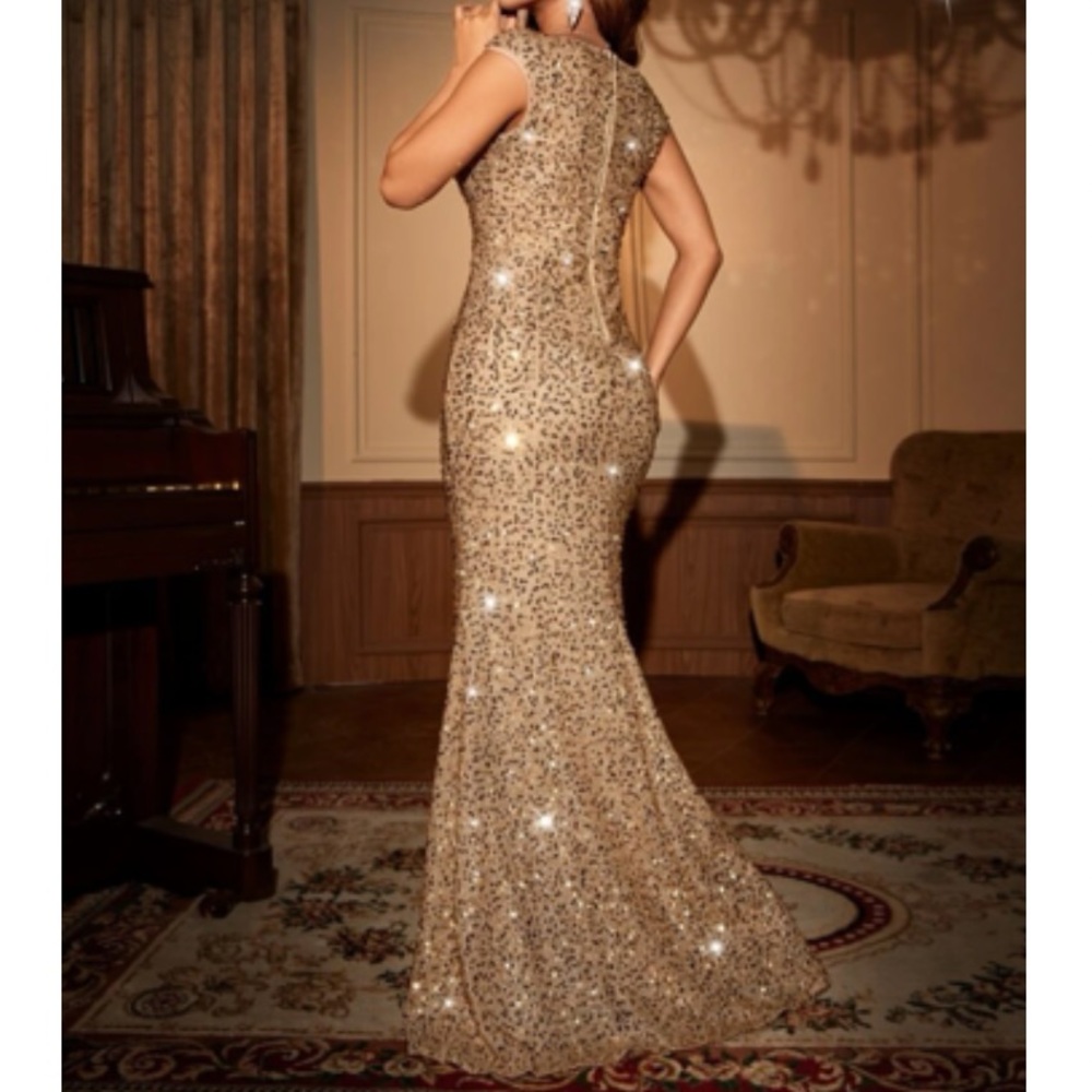Luxe party bridesmaids prom wedding mermaid hem sequins dress - Picture 2 of 5